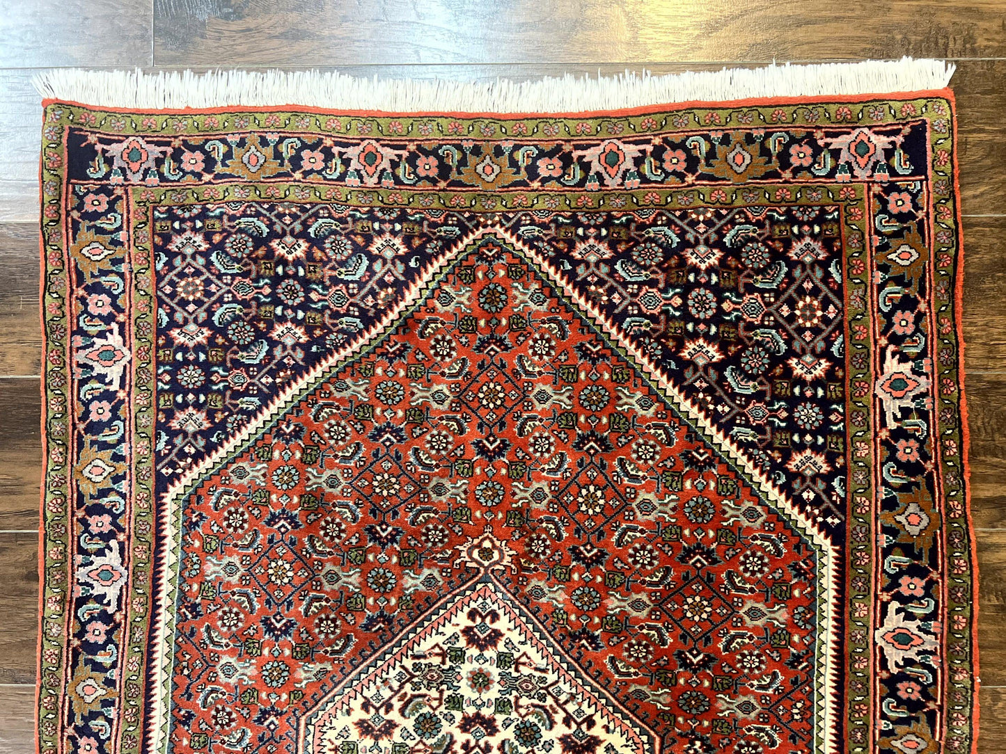 Persian Bidjar Rug 4x5, Finely Hand Knotted Vintage Carpet, Red and Navy Blue, Handmade Wool Rug, 180 KPSI
