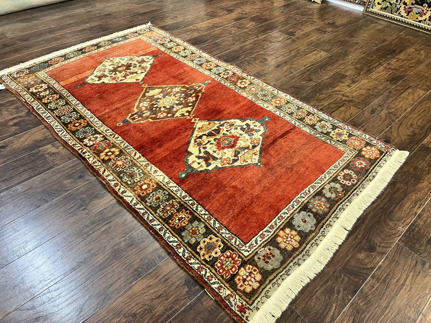 Antique Persian Bidjar Rug 4x8 Hand Knotted Wool Carpet With Triple Medallions 1920s Red
