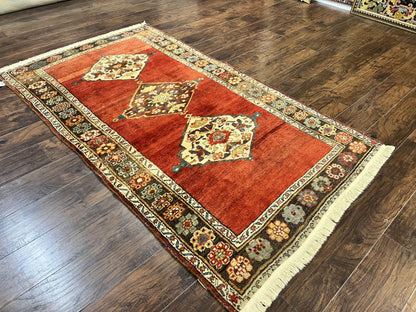 Antique Persian Bidjar Rug 4x8 Hand Knotted Wool Carpet With Triple Medallions 1920s Red