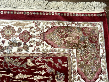 Turkish Silk Hunting Scene Rug 5 x 7.6 ft Red And Ivory Bamboo Silk