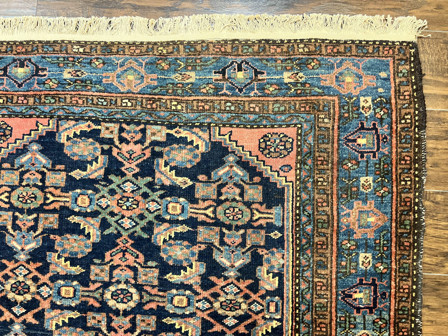 Antique Persian Tribal Rug Hand Knotted Wool 5x7 Navy Blue Pink Hamadan Pattern