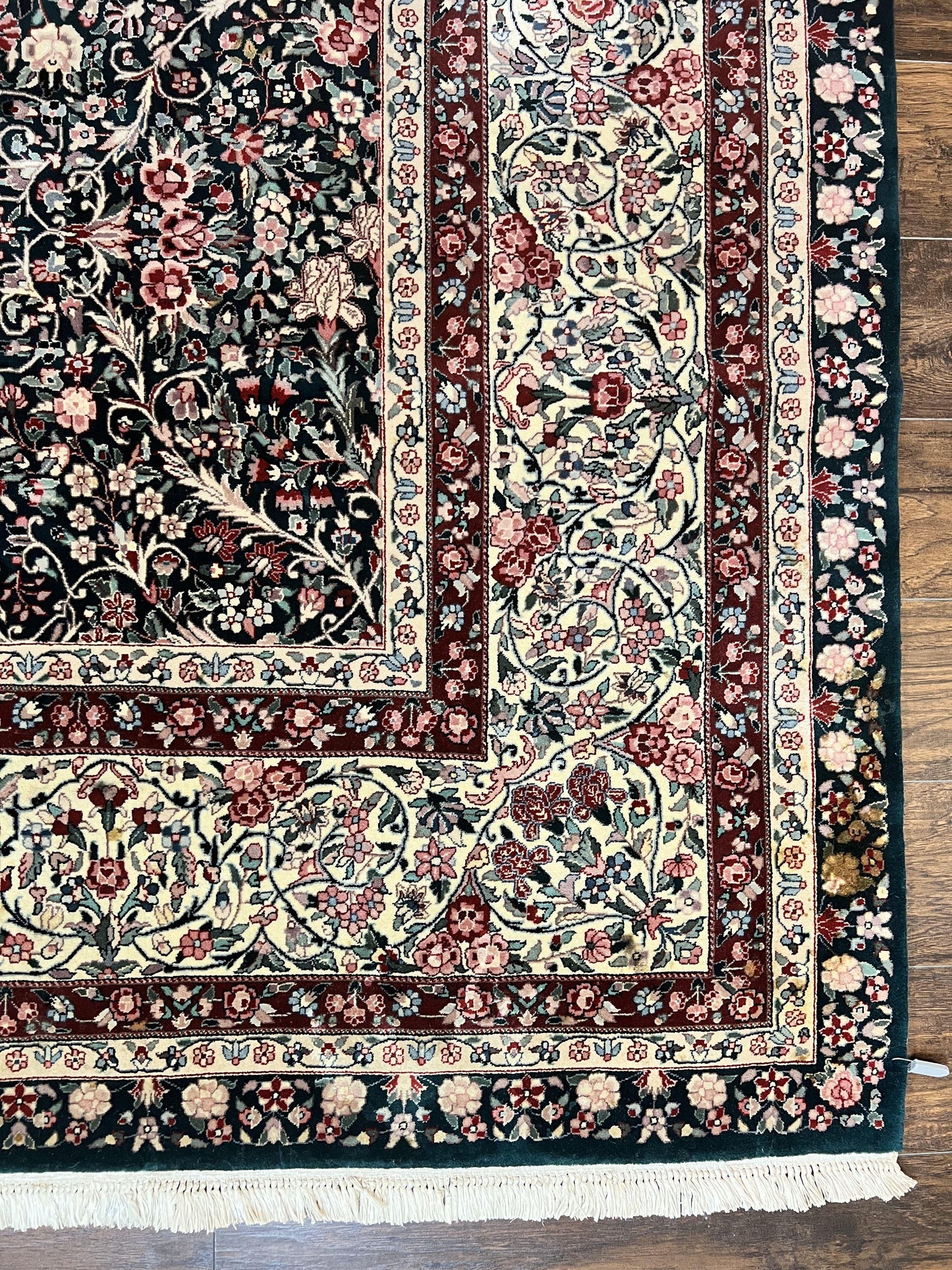 Premium Sino Persian Rug 10x14 Wool Hand Knotted Kirman Floral Dark Green Beige