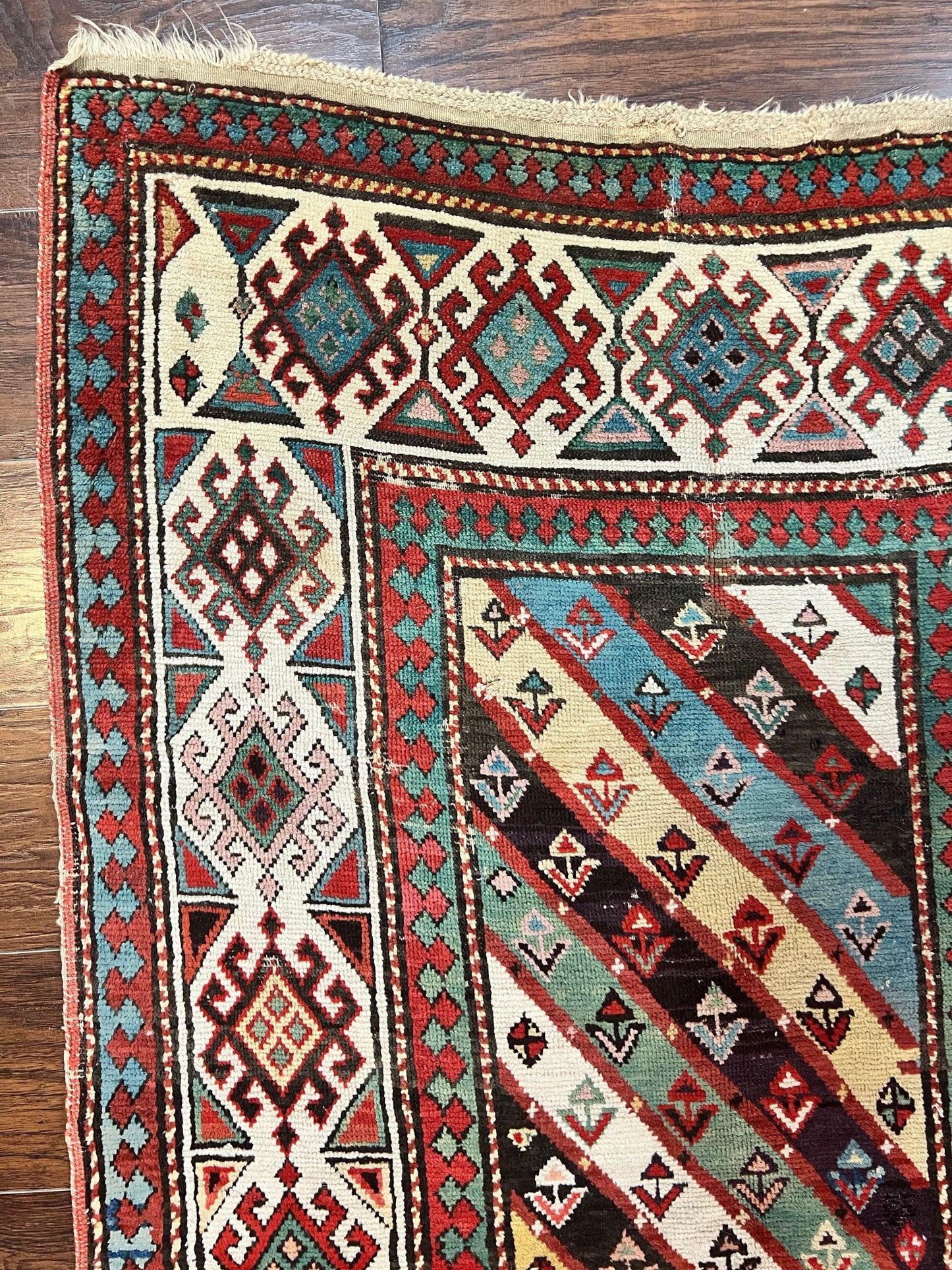 Caucasian Kazak Runner Rug 3.6 x 8, Wool Hand Knotted Antique 1880s Carpet, Ivory & Multicolor Stripes Oriental Runner Rug, Hallway Rug