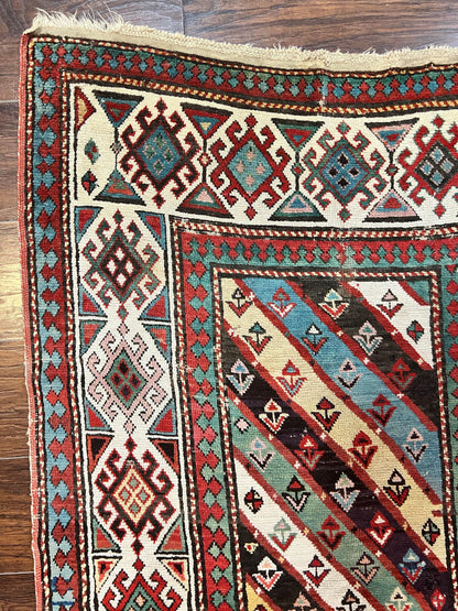 Caucasian Kazak Runner Rug 3.6 x 8, Wool Hand Knotted Antique 1880s Carpet, Ivory & Multicolor Stripes Oriental Runner Rug, Hallway Rug