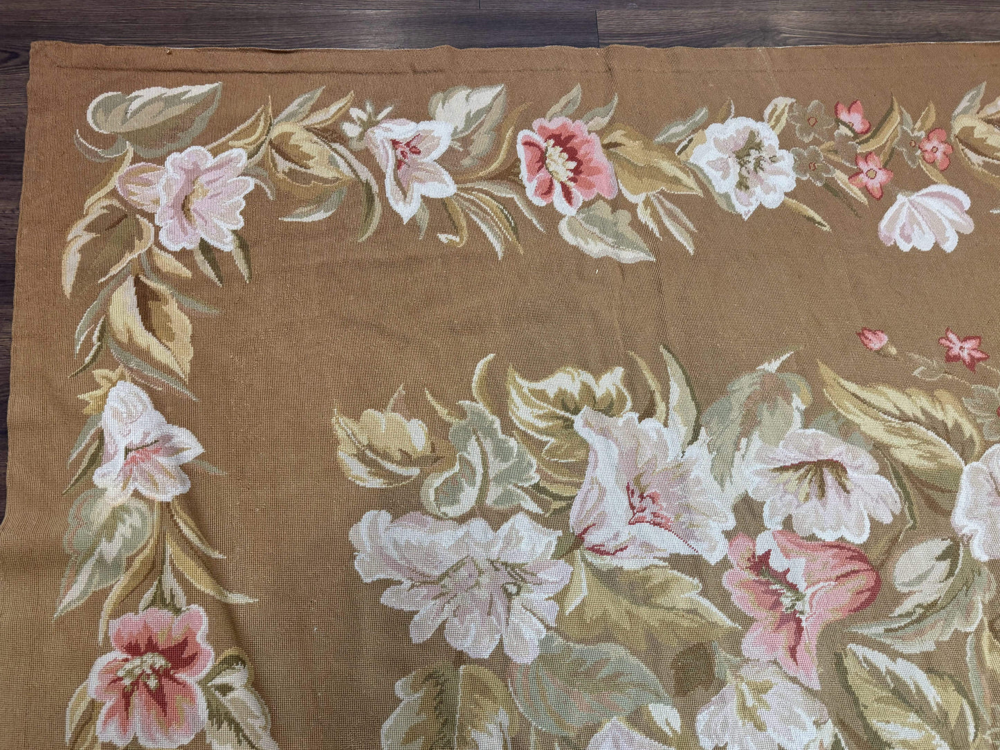 Large Needlepoint Rug 11x14, Vintage Floral Wool Carpet, Caramel