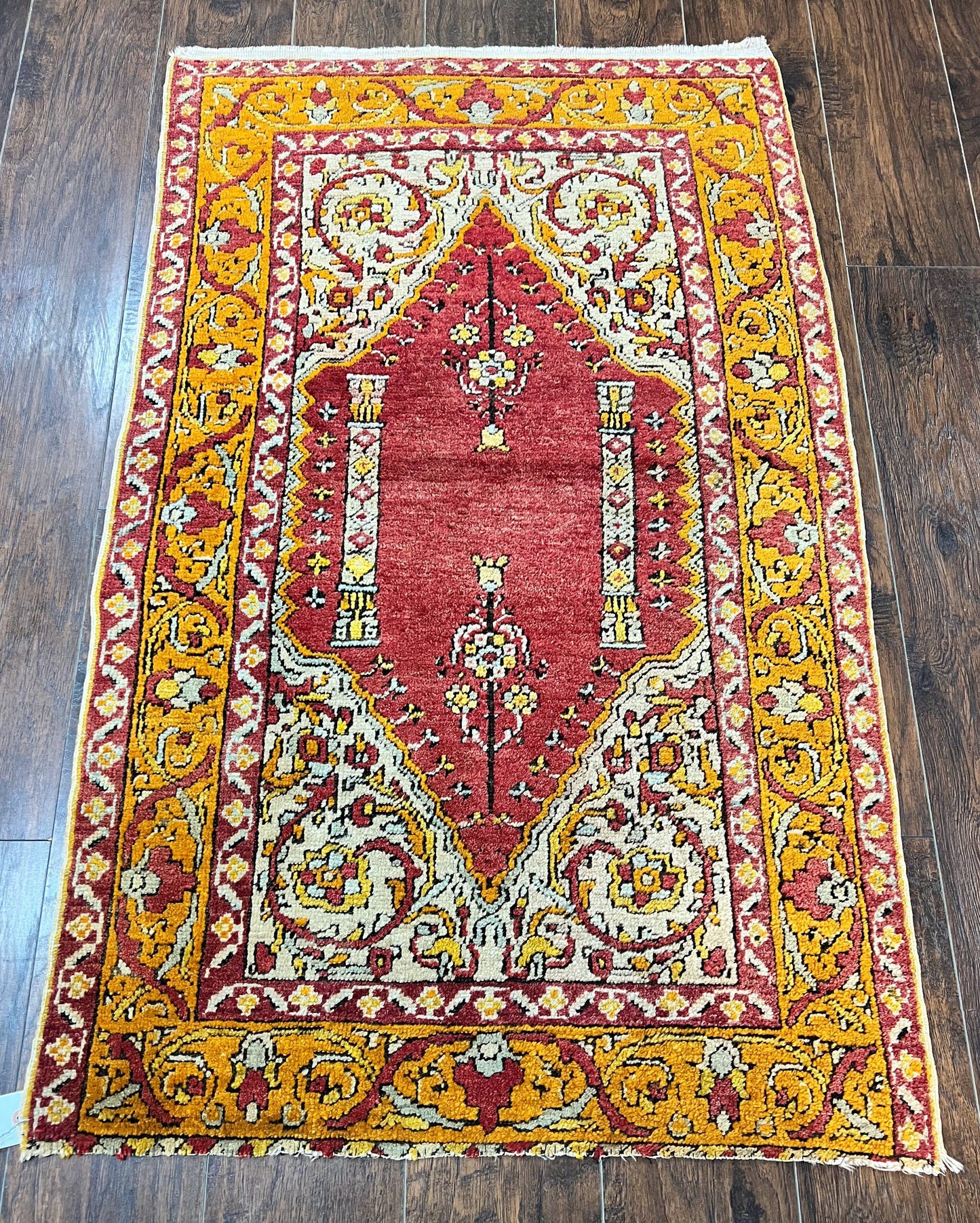 Antique Turkish Prayer Rug 3x5 Hand Knotted Oushak Wool Mehrab Vintage Carpet