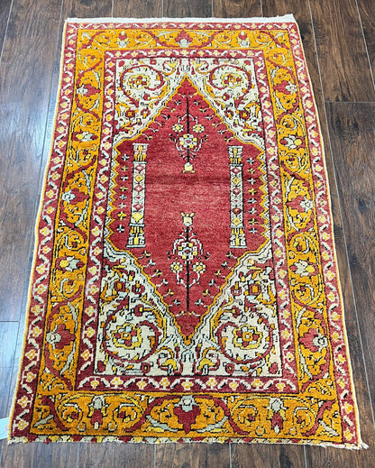 Antique Turkish Prayer Rug 3x5 Hand Knotted Oushak Wool Mehrab Vintage Carpet