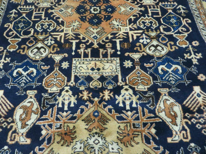 Persian Qum Rug Five Foot Six By Eight Foot Eight Navy Blue Vintage 1960s Cleaned