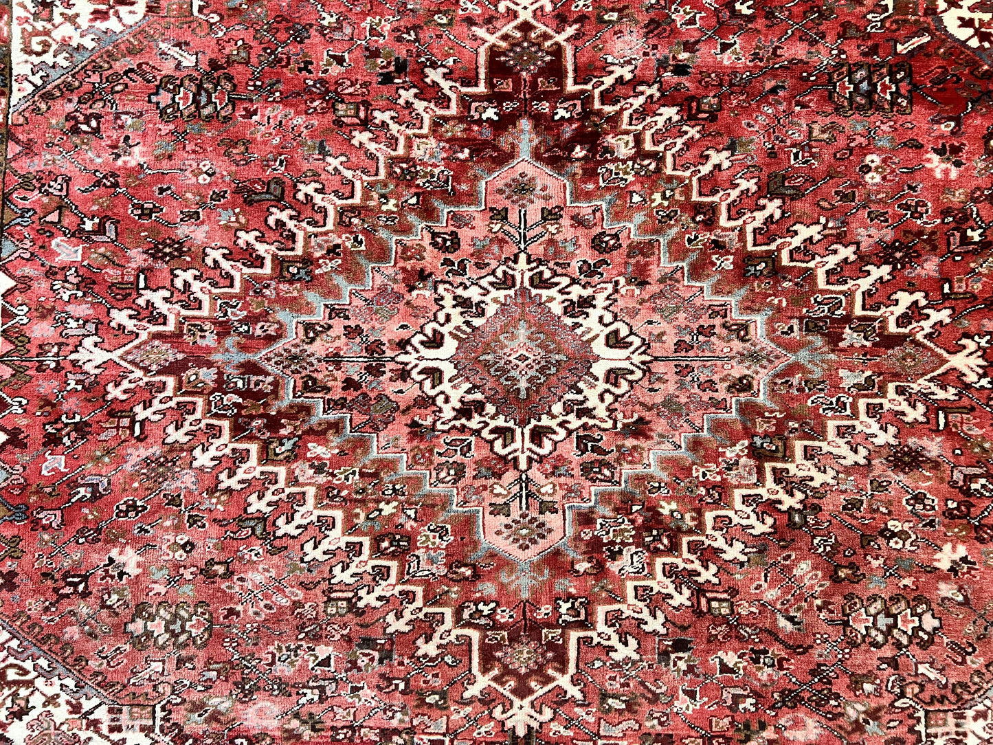 Large Persian Heriz Rug 10x13, Red and Cream Geometric Tribal Room Sized Handmade Wool Hand Knotted Semi Antique Decorative Oriental Carpet