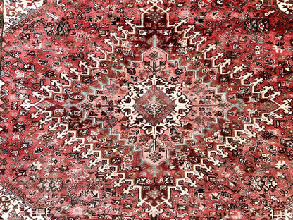 Large Persian Heriz Rug 10x13, Red and Cream Geometric Tribal Room Sized Handmade Wool Hand Knotted Semi Antique Decorative Oriental Carpet