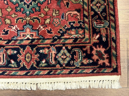 Indo Persian Heriz Runner Rug 2 x 12 ft, Hand Knotted Wool Hallway Rug, Red & Black