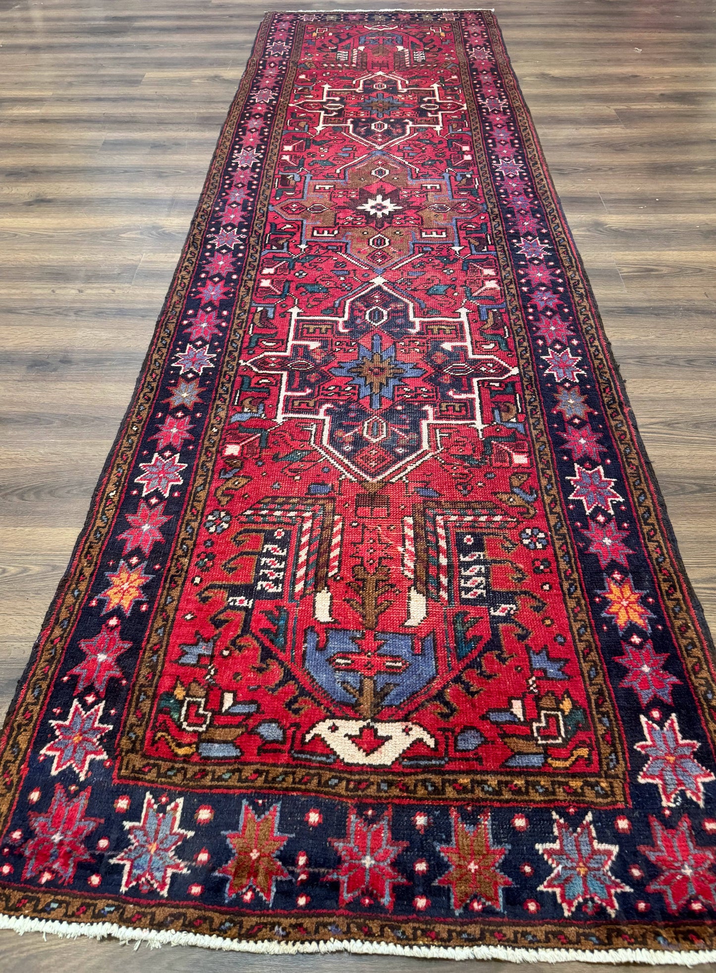 Persian Heriz Karajeh Runner Rug 3.7 x 12, Geometric Medallions, Red and Navy Blue