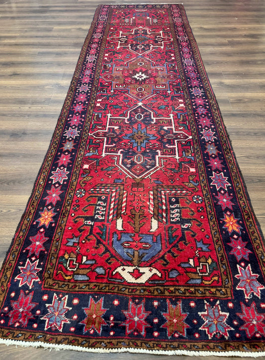 Persian Heriz Karajeh Runner Rug 3.7 x 12, Geometric Medallions, Red and Navy Blue