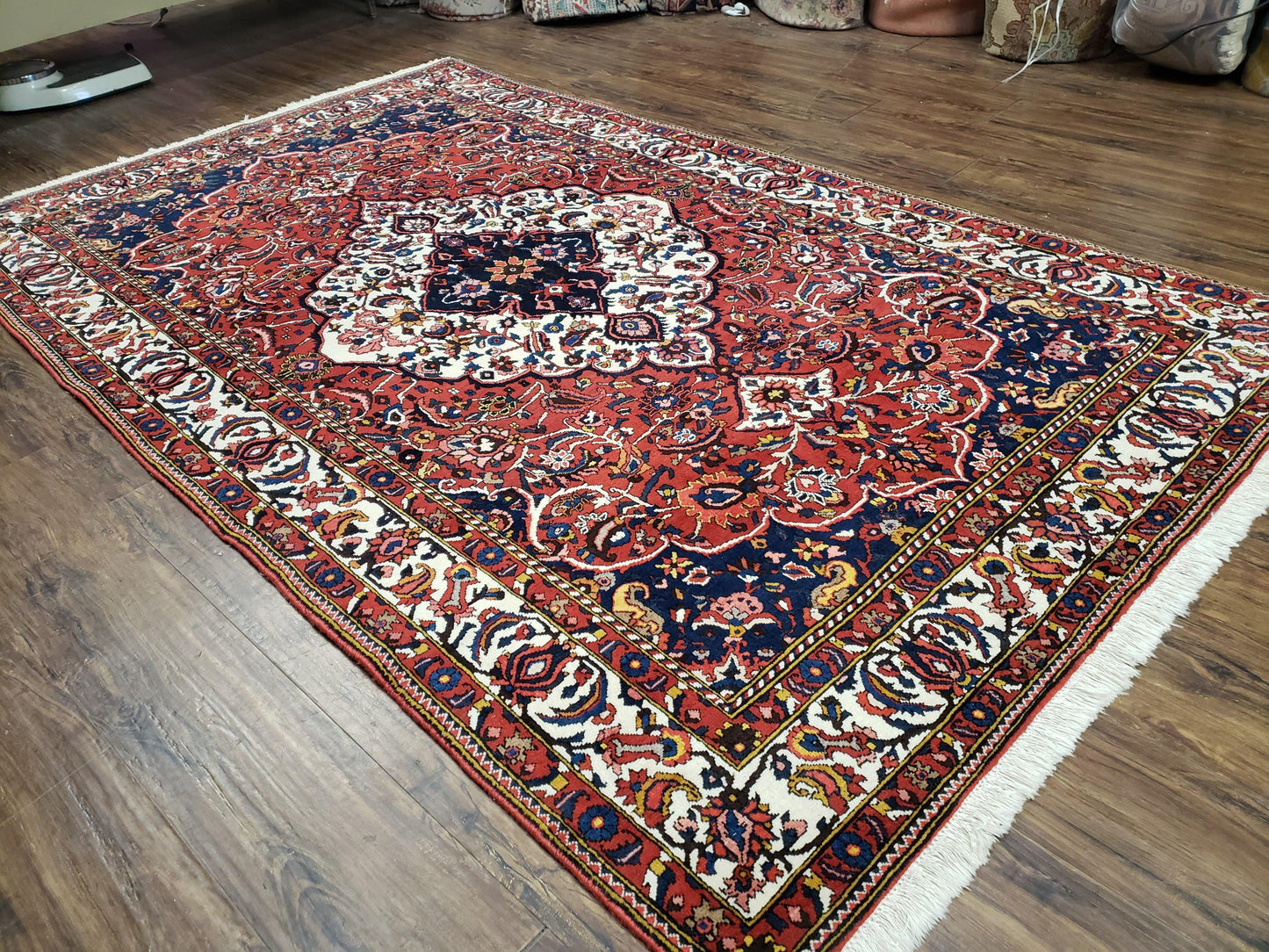 Semi Antique Persian Bakhtiari Rug, Hand-Knotted, Wool, Red, Midnight Blue, Ivory, Floral Medallion, 5'1" x 8' 6"