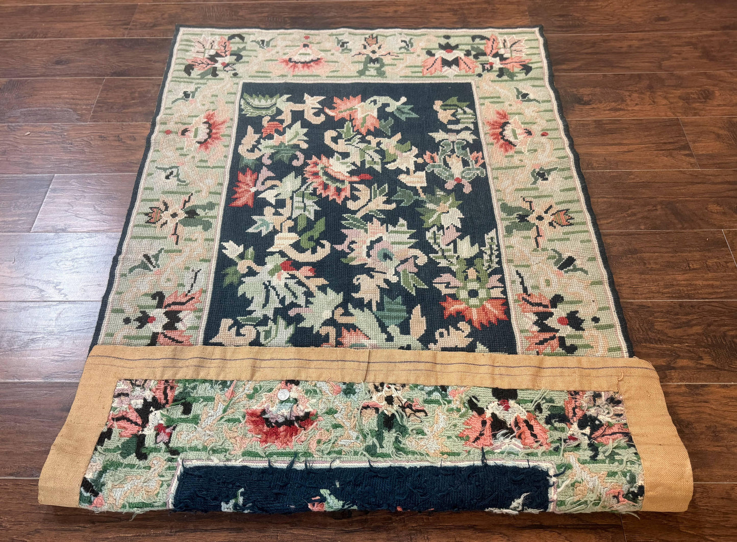 Vintage American Needlepoint Rug 4x6 Dark Green Wool Handmade Flatweave Carpet