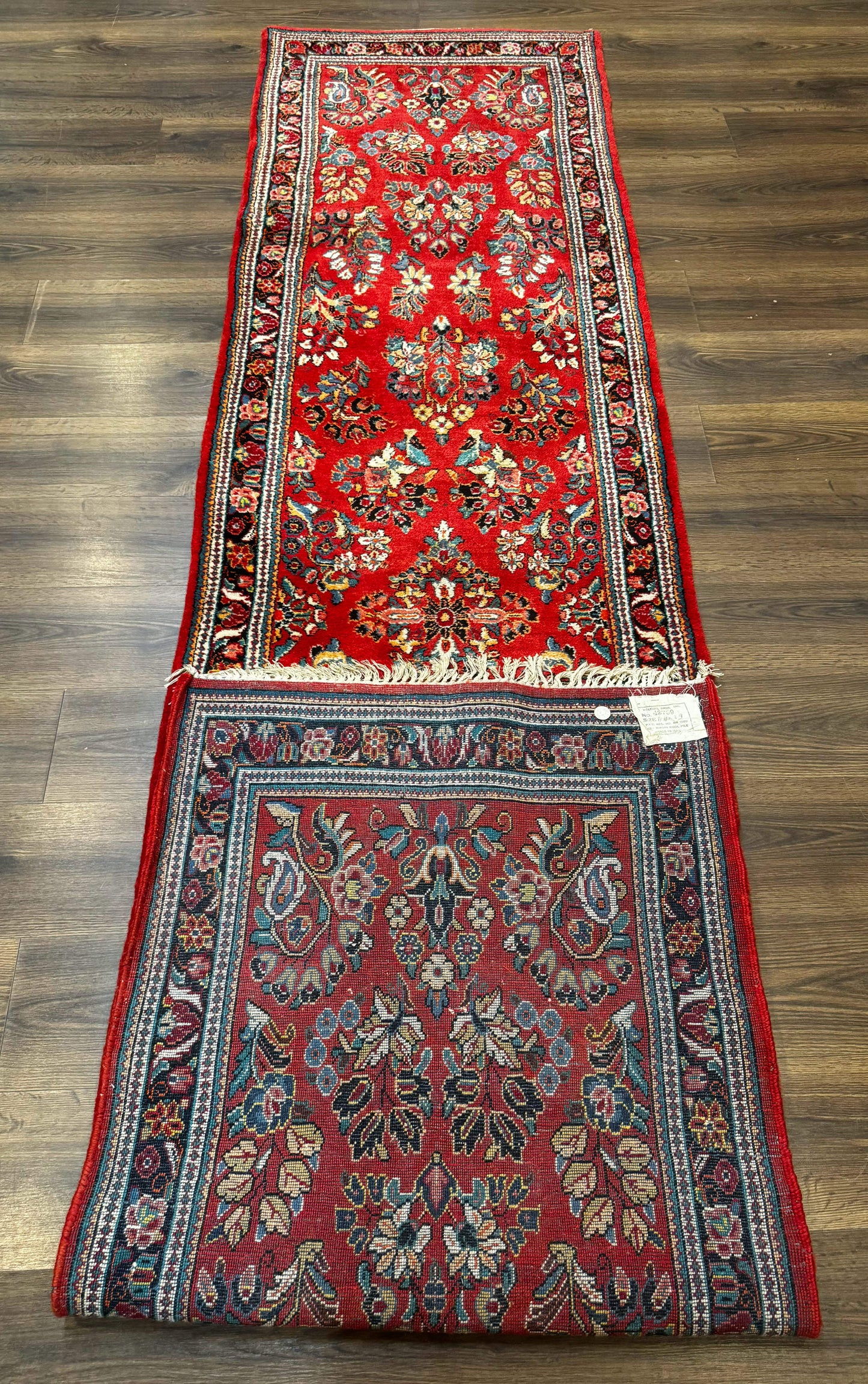 Persian Sarouk Runner Rug 3x12, Red Floral 3 x 12ft Runner, Vintage, Wool