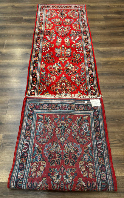 Persian Sarouk Runner Rug 3x12, Red Floral 3 x 12ft Runner, Vintage, Wool
