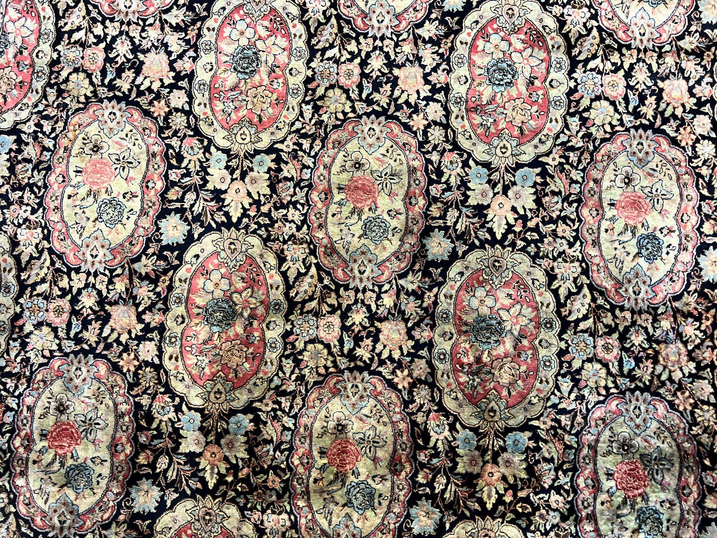 Sino Persian Rug 9x12 Navy Blue and Pink Hand Knotted Wool Silk Floral Vintage Oriental Carpet
