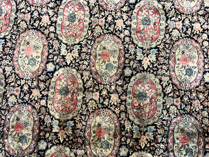 Sino Persian Rug 9x12 Navy Blue and Pink Hand Knotted Wool Silk Floral Vintage Oriental Carpet
