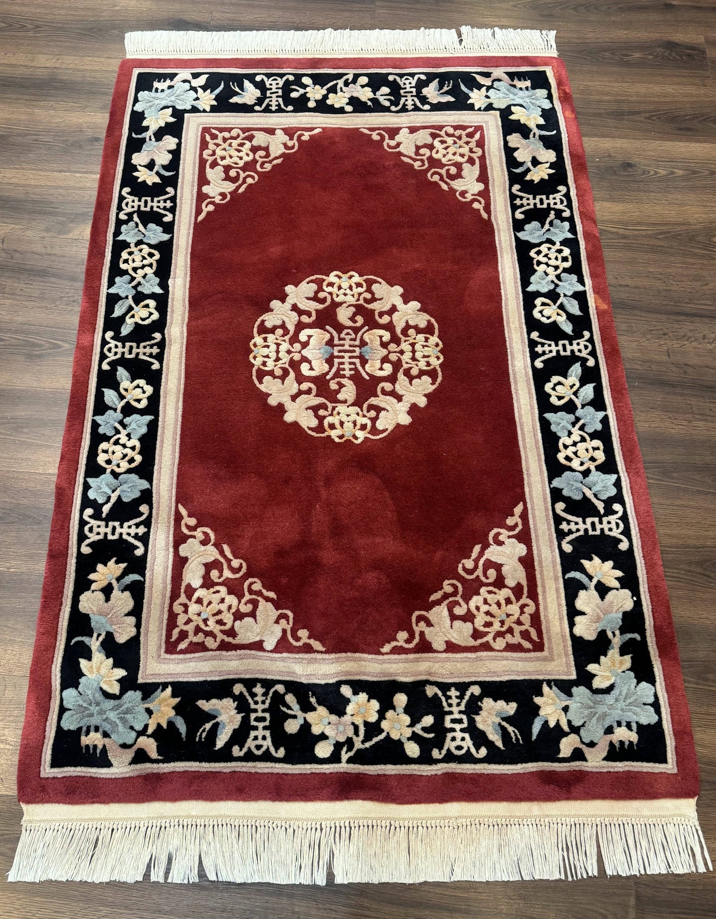 Chinese Wool Rug Handmade 4x6 Dark Red 90 Line Carving Hand Knotted