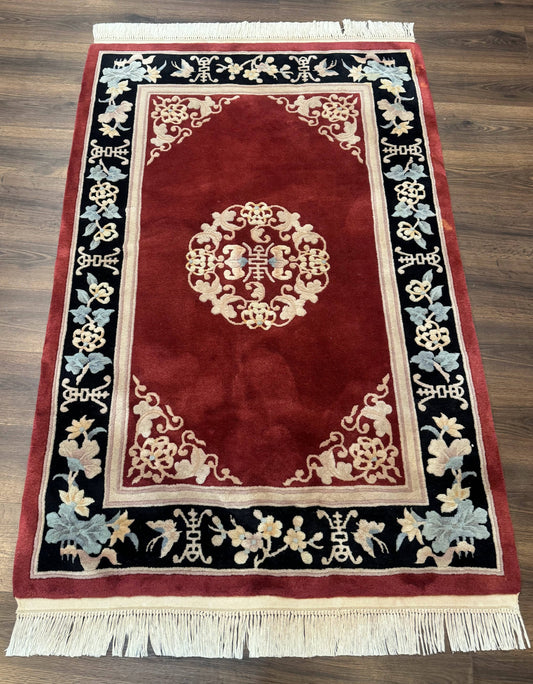 Chinese Wool Rug Handmade 4x6 Dark Red 90 Line Carving Hand Knotted