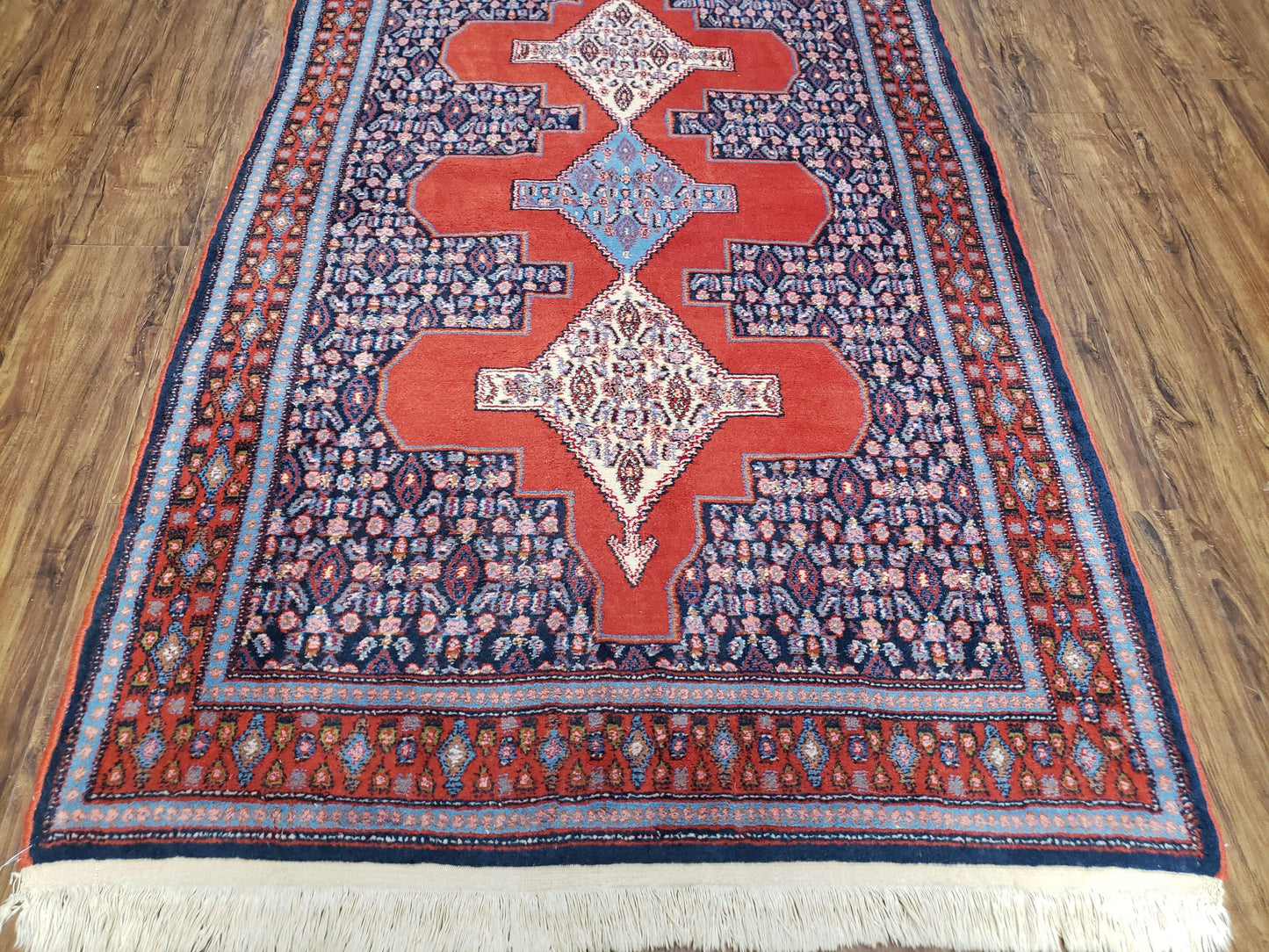 Senneh Wool Area Rug 4x6 Handmade Kurdish Carpet Vegetable Dyes Red Blue