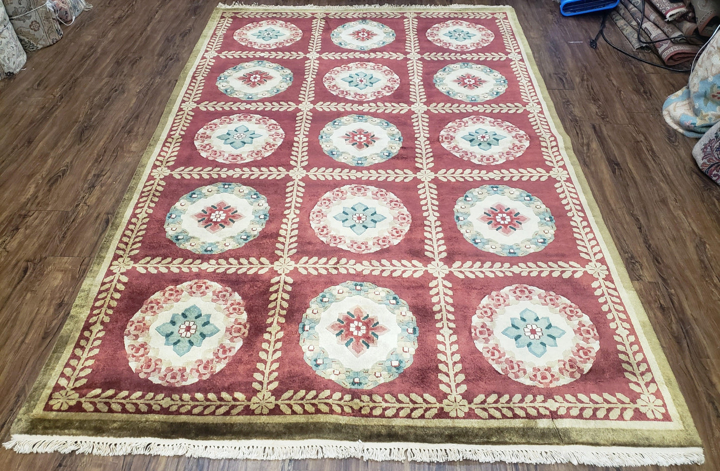 Aubusson Rug Nepalese Hand Knotted Wool 6x9 Red Ivory Area Rug For Office