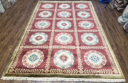Aubusson Rug Nepalese Hand Knotted Wool 6x9 Red Ivory Area Rug For Office