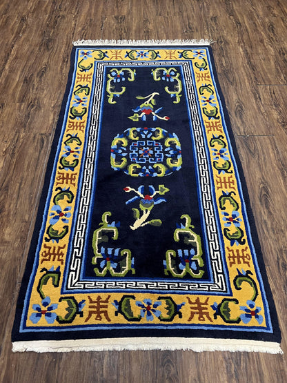 Chinese Art Deco Rug Hand Knotted Vintage Wool Carpet 3x6 Dark Blue Gold Medallion