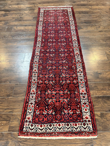 Persian Tribal Runner 3 x 9, Hamadan Dargazin Rug, Dark Blue and Red Wool Hand Knotted Hallway Rug, Vintage Antique Oriental Runner, 9ft Long Runner, Herati
