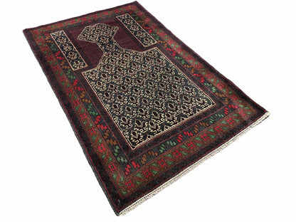 New Vintage Handmade Wool Balouch Turkoman Prayer Rug 3x5 Veggie Dyes
