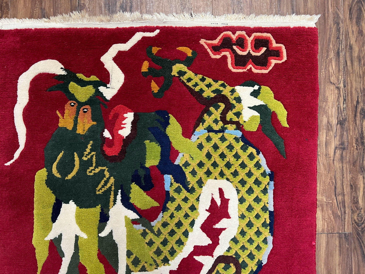 Vintage Chinese Dragon Rug 3 x 6.8, Handmade Hand Knotted Red Chinese Carpet with Gold Dragon, Art Deco Peking Soft Chinese Rug Runner