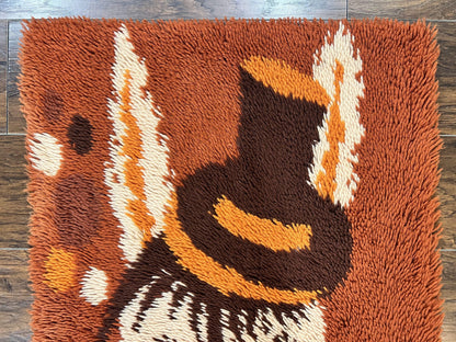 Rya Shag Rug 2x4, Rabbit in Top Hat, Wool, Orange, Vintage 1960s Danish Shag Rug