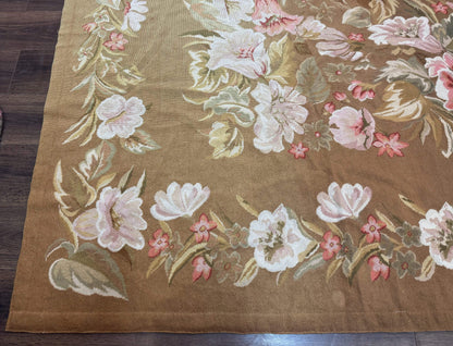 Large Needlepoint Rug 11x14, Vintage Floral Wool Carpet, Caramel
