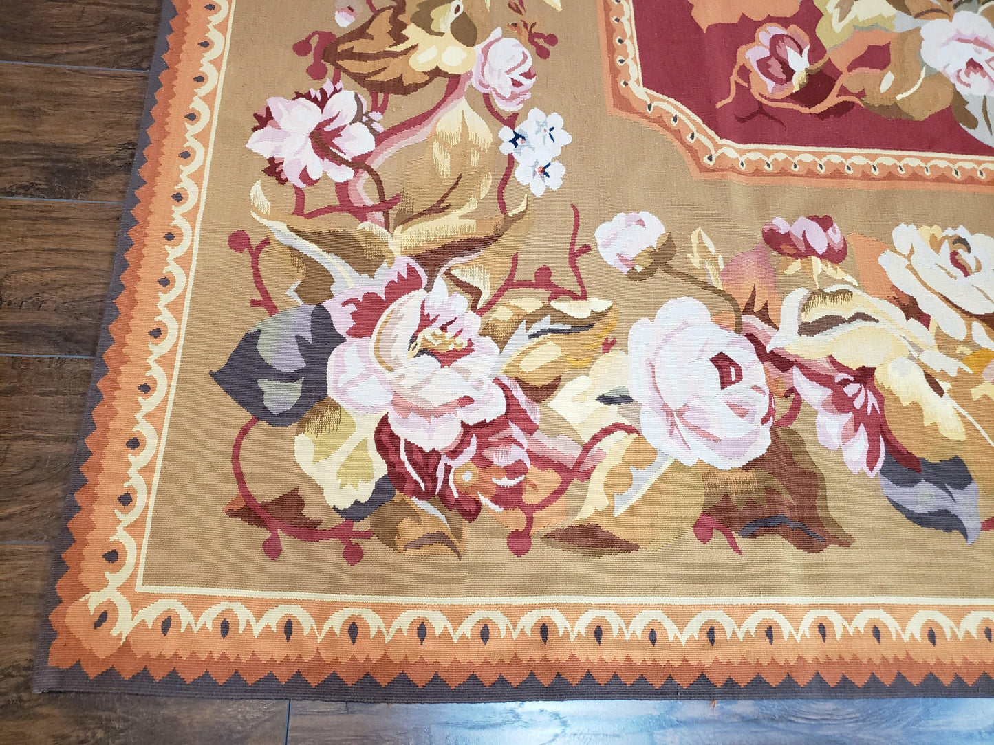 Vintage Chinese Aubusson Savonnerie Flat Pile Rug 9.9 x 14.5 Wool Handwoven Red & Khaki Large Flowers Rug 9x14 - 10x15 Michaelian Kolhberg