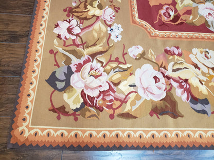 Vintage Chinese Aubusson Savonnerie Flat Pile Rug 9.9 x 14.5 Wool Handwoven Red & Khaki Large Flowers Rug 9x14 - 10x15 Michaelian Kolhberg