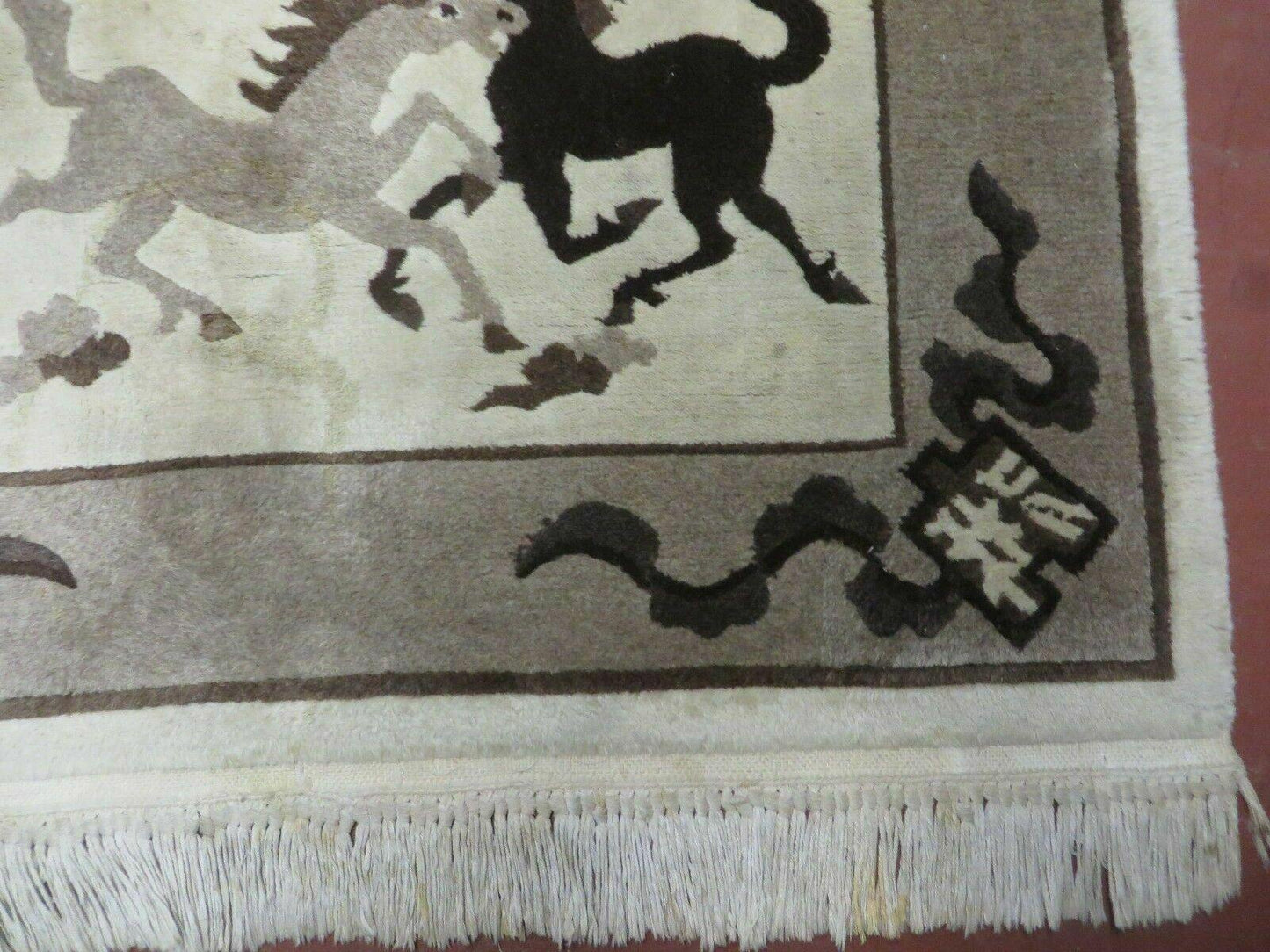 Hand Knotted Wool Rug 4x6 Tibetan Nepal Art Deco Horse Design Vintage 1980s