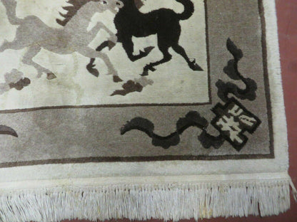 Hand Knotted Wool Rug 4x6 Tibetan Nepal Art Deco Horse Design Vintage 1980s