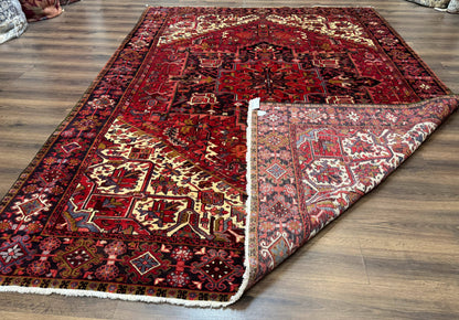 Persian Heriz Rug 8x11, Geometric Design, Red & Cream