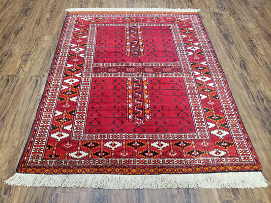 Turkoman Rug Antique 4x5 Handmade Wool Red Tribal Persian Tekkeh Ersari