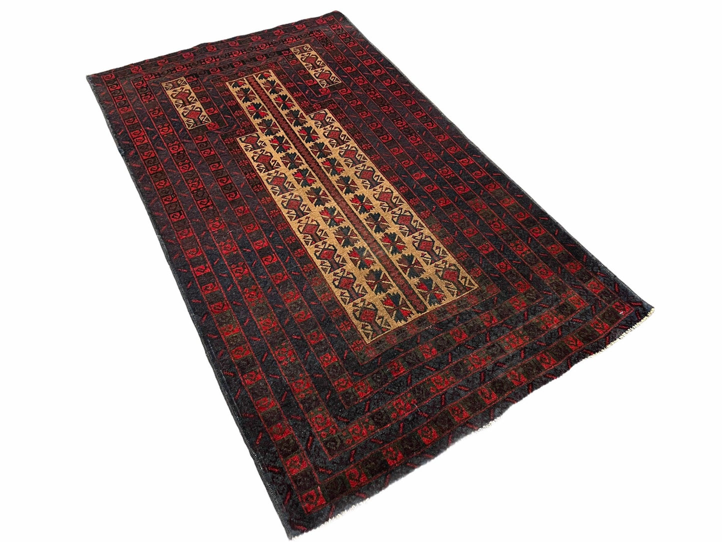 Turkoman Balouch Handmade Wool Rug Three By Three Point Five Vintage Red Tribal Prayer Carpet