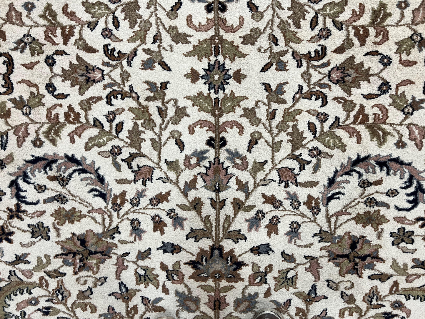 Indo Kirman Rug 8x12 Allover Floral Design, Ivory/Cream Brown, Vintage Handmade Hand Knotted Rug, Traditional Wool Persian Carpet 8 x 12