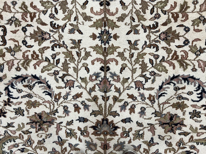 Indo Kirman Rug 8x12 Allover Floral Design, Ivory/Cream Brown, Vintage Handmade Hand Knotted Rug, Traditional Wool Persian Carpet 8 x 12