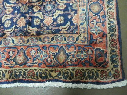 Antique Indian Floral Wool Runner Rug Handmade Oriental Blue 3ft7in X 10ft