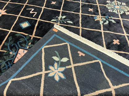 Hand Knotted Tibetan Rug 9x12 Black And Tan Contemporary Nepalese Area Rug