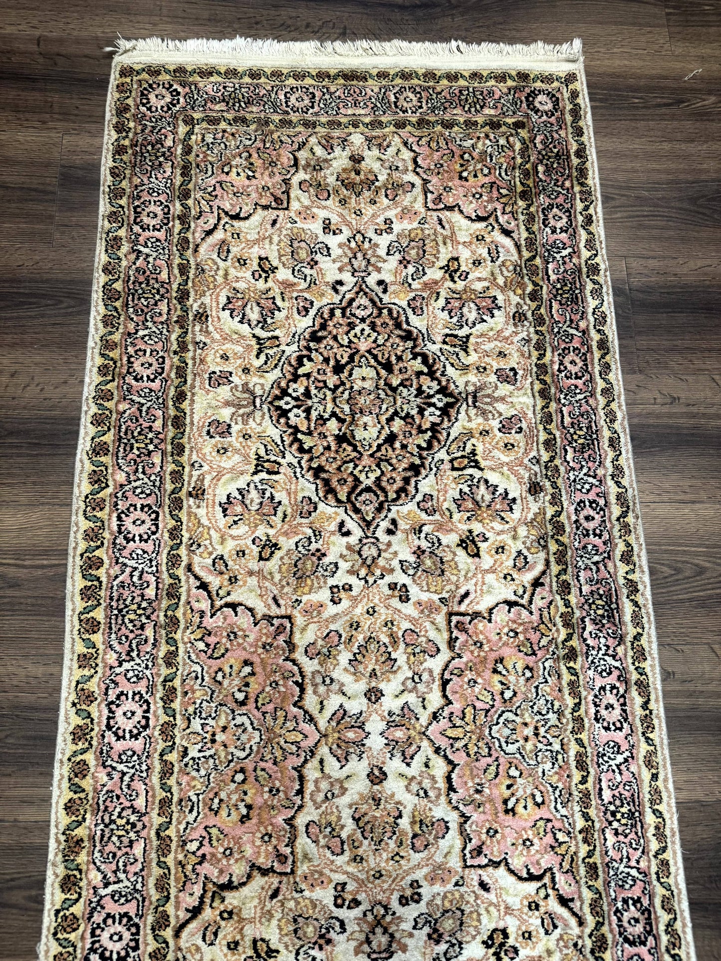 Silk Indian Kashmiri Runner Rug 2.7 x 9.8, Floral Medallions
