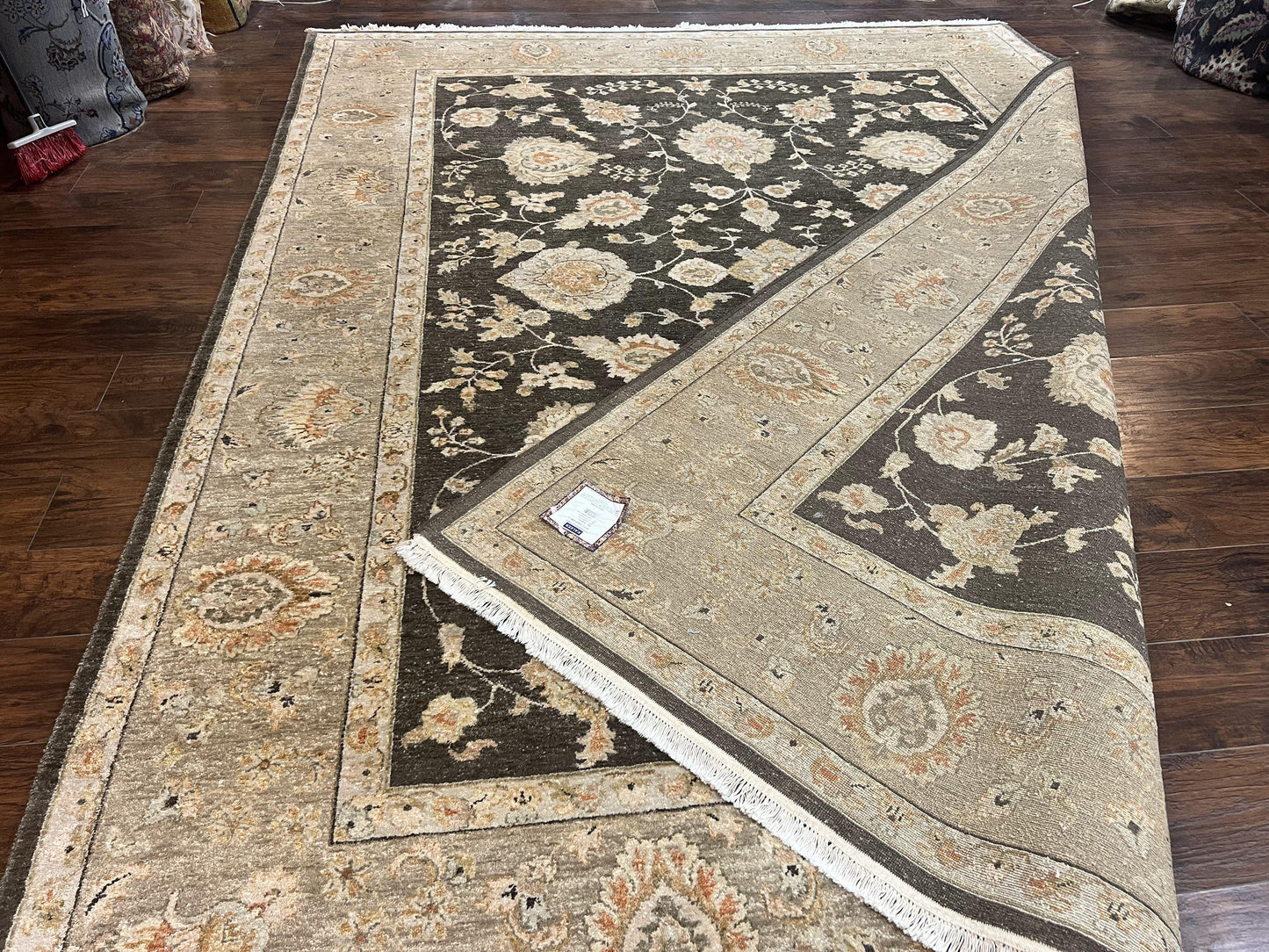 Indo Persian Rug 9x12 Hand Knotted Wool Vintage Floral Dark Brown Carpet