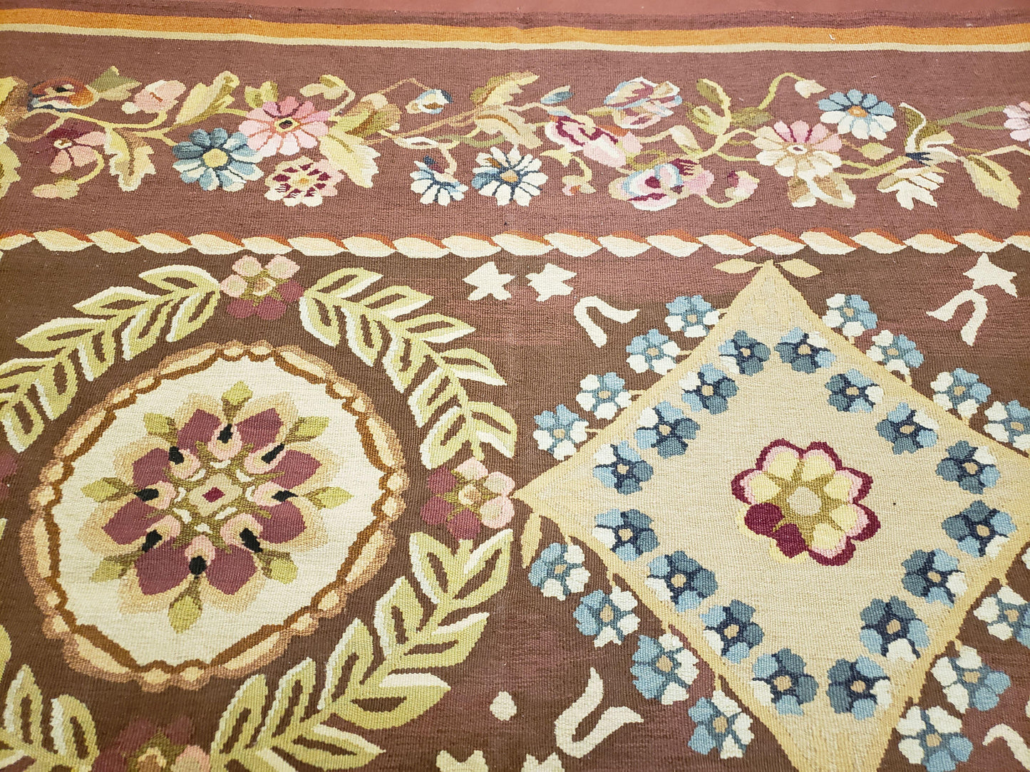 Aubusson Rug 6x9 Handmade Wool Flat Weave With Floral European Design