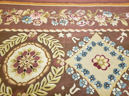 Aubusson Rug 6x9 Handmade Wool Flat Weave With Floral European Design