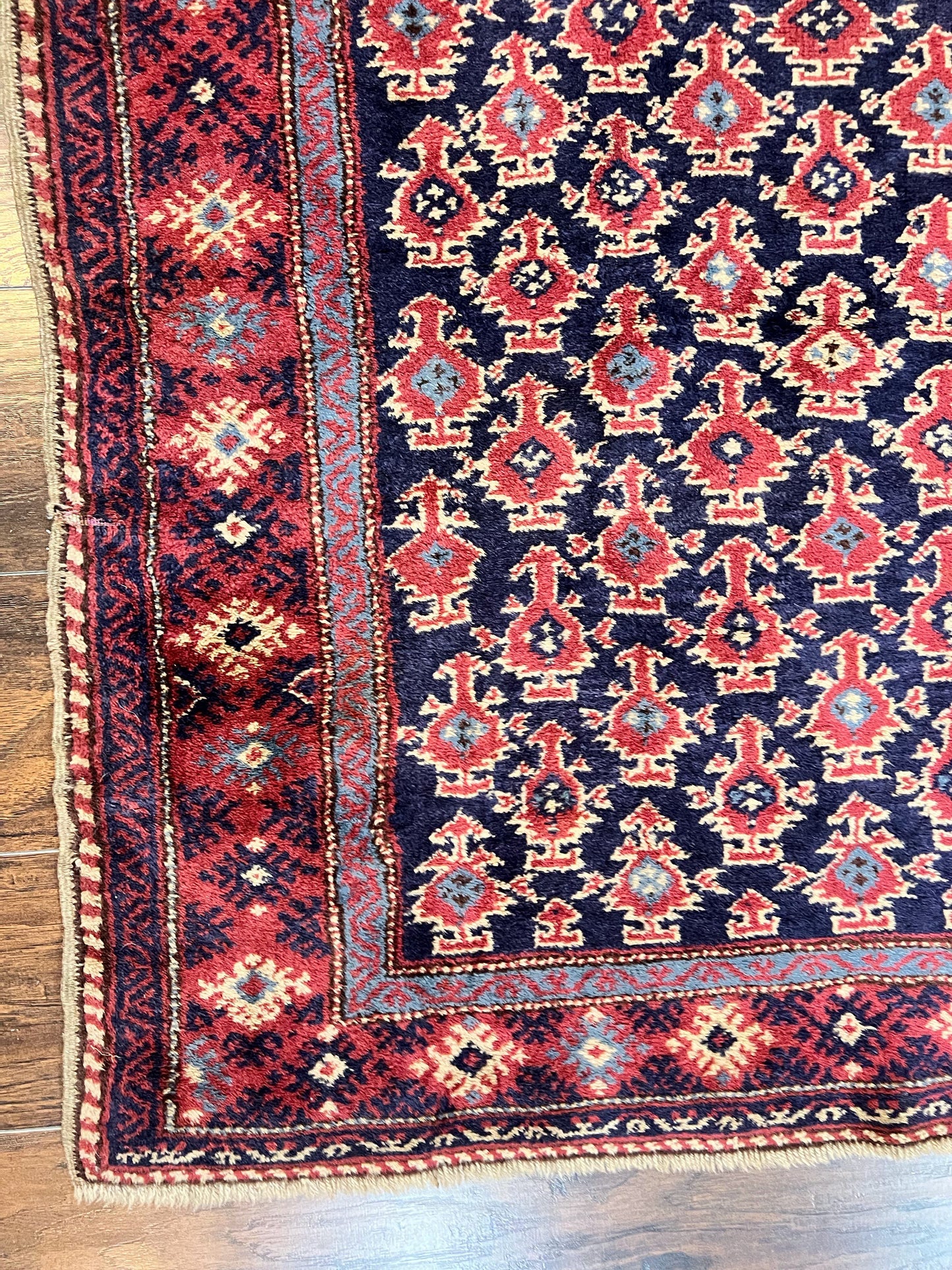 Turkish Sparta Rug 3x4, Allover Pattern, Navy Blue and Red, Antique Ispara Oriental Carpet 3 x 4, Small Turkish Handmade Vintage Wool Rug